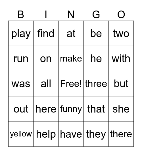 Sight Word Bingo Card