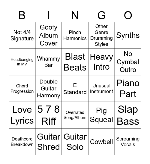 Metal Reaction BINGO Card