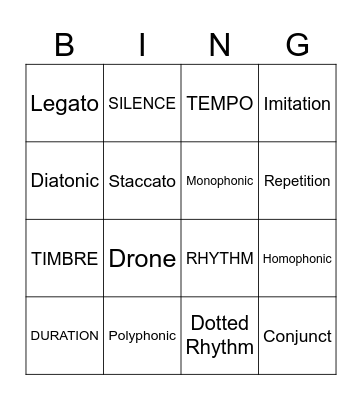 Musical Elements Bingo Card