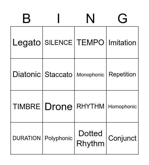Musical Elements Bingo Card