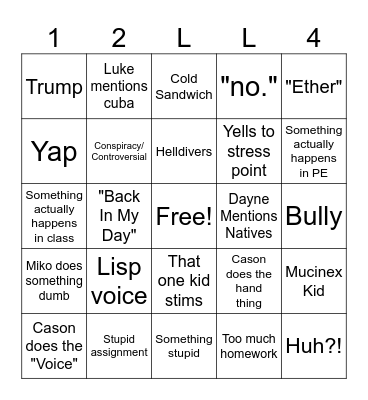 School Day BINGO Card