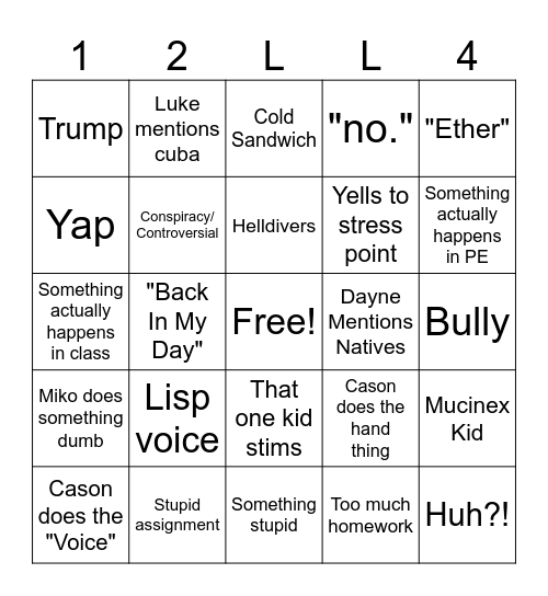 School Day BINGO Card