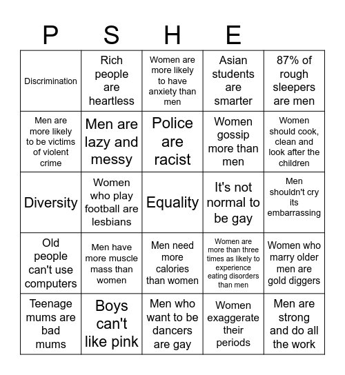 Stereotypes Bingo Card