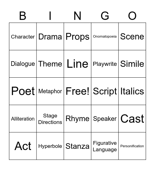 Poetry and Drama Terms Bingo Card