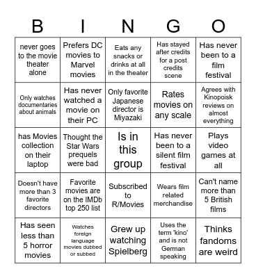Cinema Bingo Card