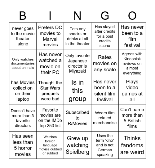 Cinema Bingo Card