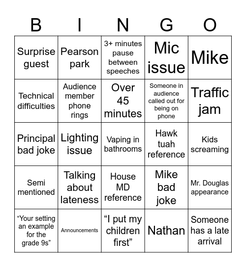 Assembly Bingo Card