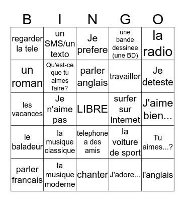 FRENCH 1, CHAPTER 2, VOCABULARY 1 Bingo Card