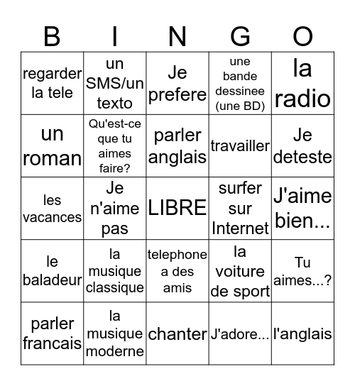 FRENCH 1, CHAPTER 2, VOCABULARY 1 Bingo Card