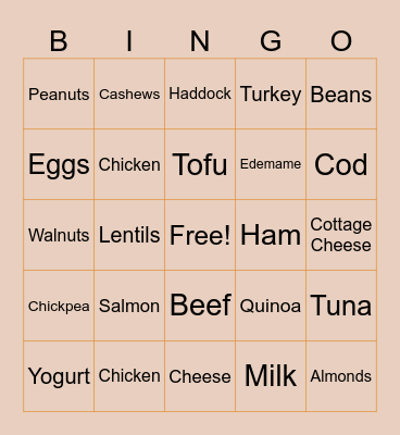 Protein Foods Bingo Card