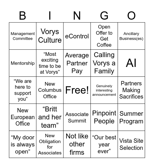 Associate Town Hall Bingo Card