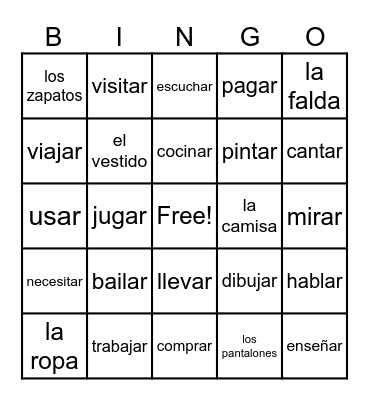 AR Verbs Bingo Card