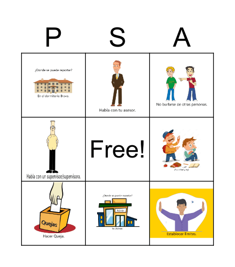 PSA Bingo Card