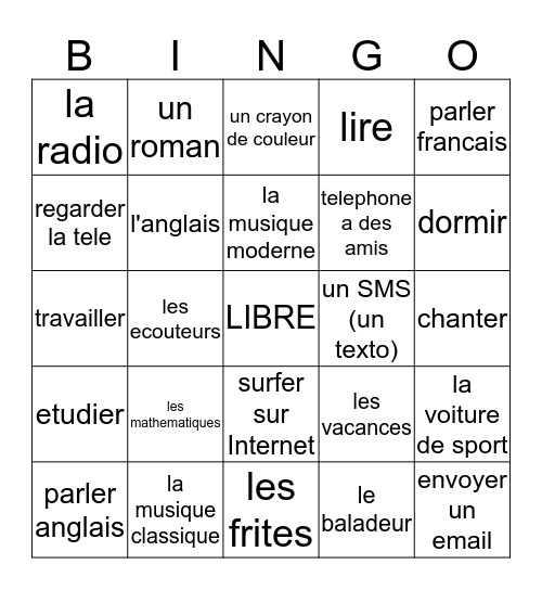 Francais I - Chap. 2, Voc. 1 Bingo Card