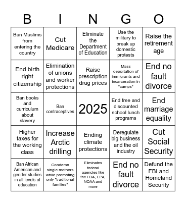 Project 2025 Bingo Card
