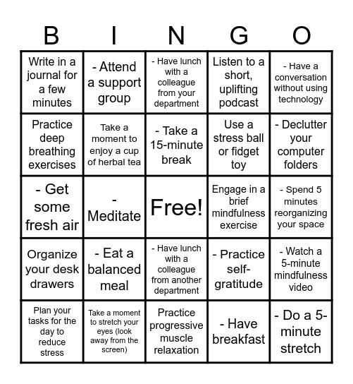 Self-Care BINGO Card
