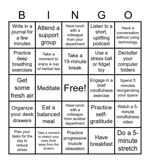 Self-Care BINGO Card