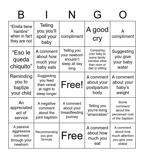 The Newborn Stage Bingo Card