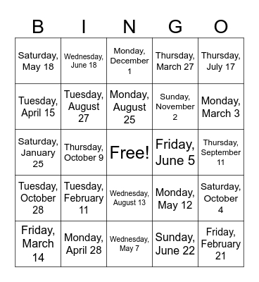 Months, Days, and Dates Bingo Card