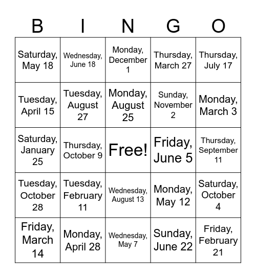 Months, Days, and Dates Bingo Card