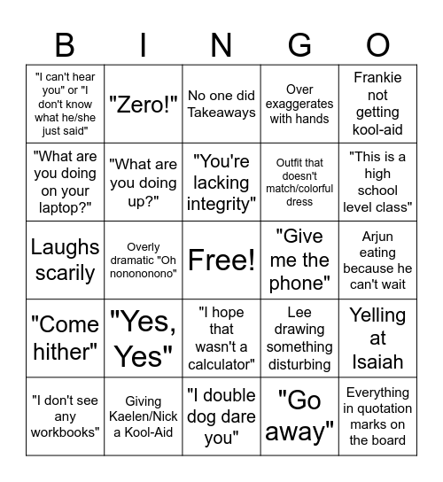Math Class Bingo Card