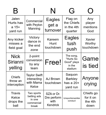 Super Bowl LIX Bingo Card