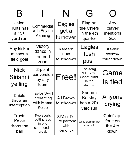 Super Bowl LIX Bingo Card