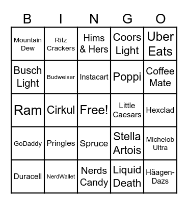 Super Bowl Commercials Bingo Card
