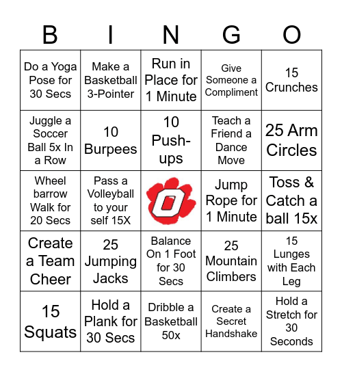 OJH PE Challenge Bingo Card