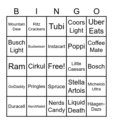 Super Bowl Commercials Bingo Card