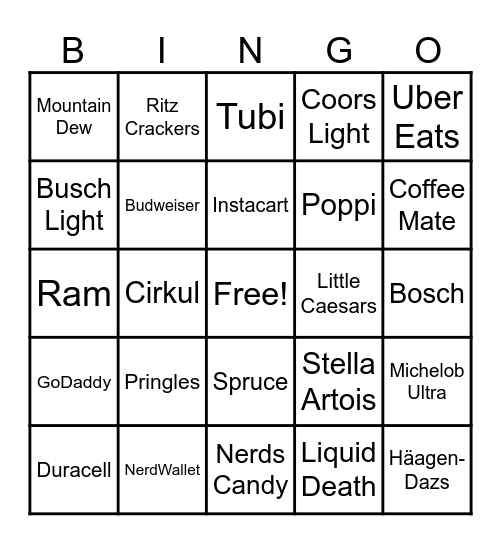 Super Bowl Commercials Bingo Card