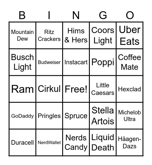 Super Bowl Commercials Bingo Card