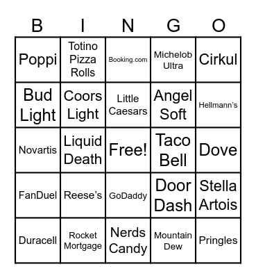 Super Bowl Commercials Bingo Card