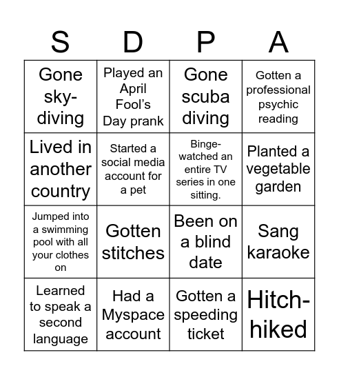 SDPA Have You Ever? BINGO Card