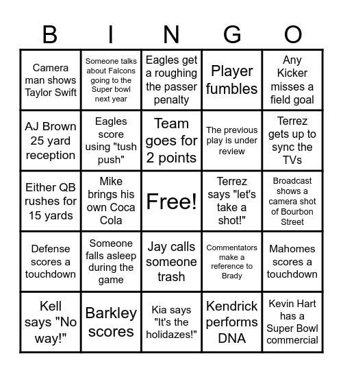 SUPER BOWL Bingo Card