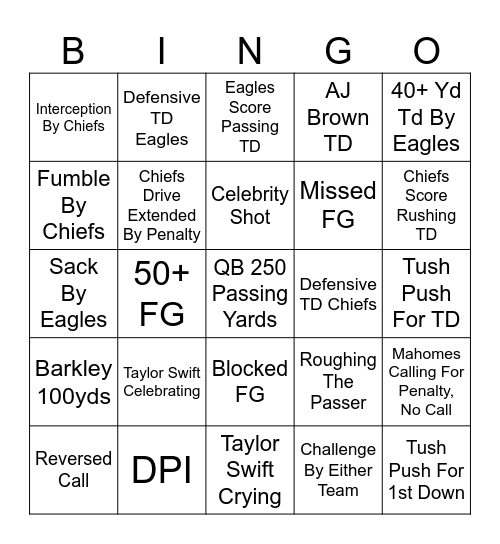 Super Bowl LIX Bingo Card