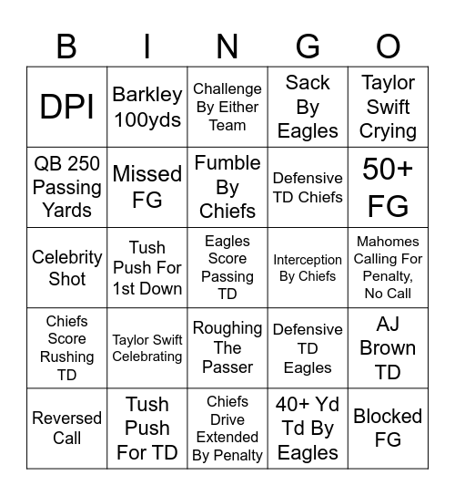 Super Bowl LIX Bingo Card
