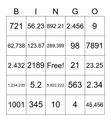 Place Value Bingo Card