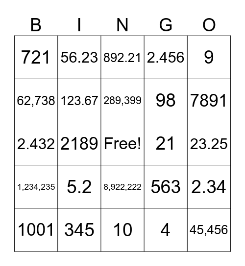 Place Value Bingo Card