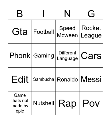 Shorts Bingo Card