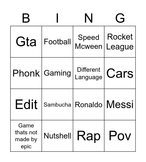 Shorts Bingo Card