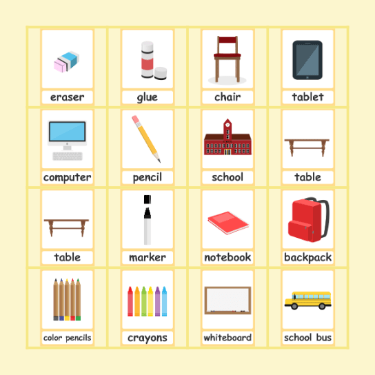 School Vocabulary Bingo Card