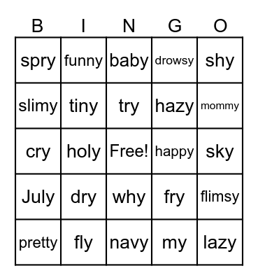 Y as a Vowel Bingo Card