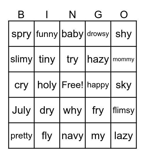 Y as a Vowel Bingo Card