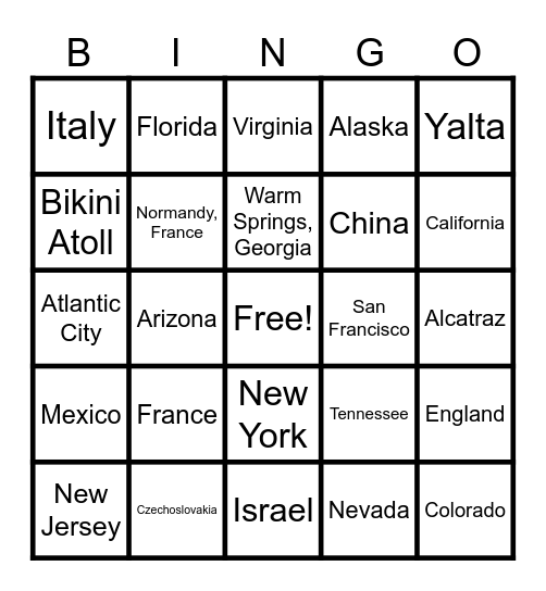Memorable Places Bingo Card