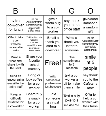Random acts of Kindness Bingo Card
