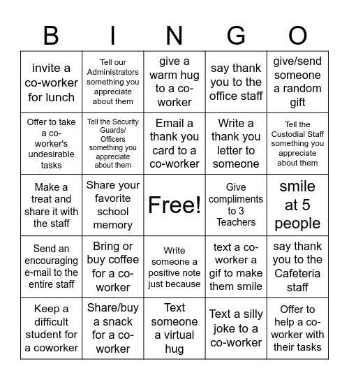 Random acts of Kindness Bingo Card