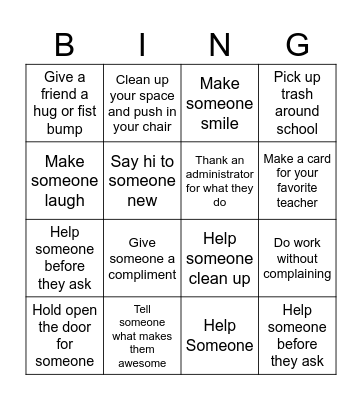 Random Acts of Kindness Challenge Bingo Card