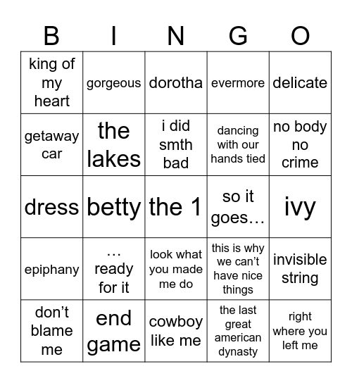 reputation&folklore&evermore Bingo Card