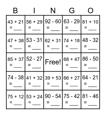 Addition and Subtraction Bingo Card
